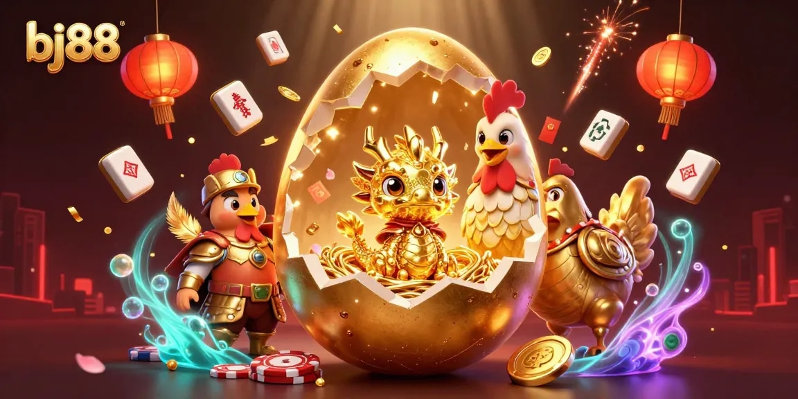 Place bets at BJ88 on a vibrant scene with a golden dragon and poker chips.