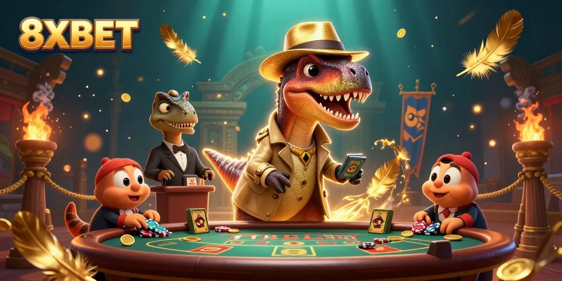 Experience the thrilling atmosphere of 8XBET as a velociraptor card counter blends in at a blackjack table, creating a unique gaming scene.