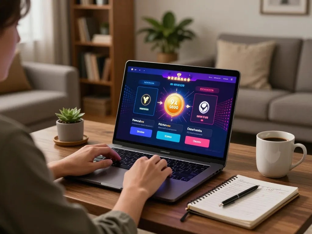 Person playing online gambling using incakoin on laptop in cozy home setting