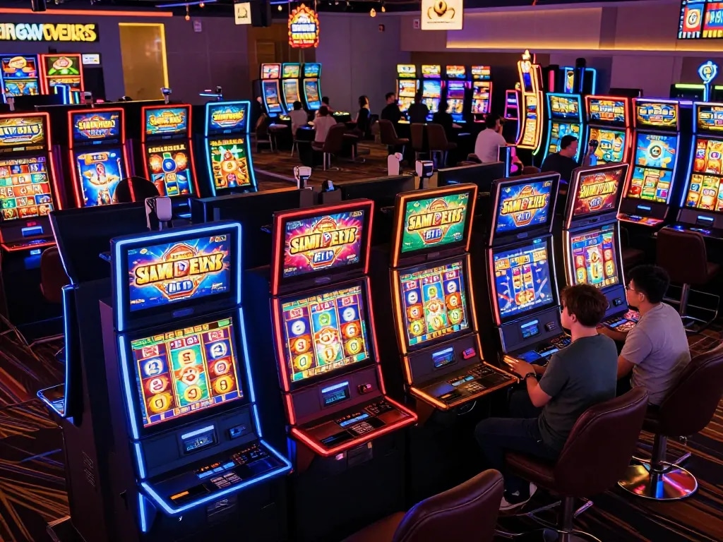 Engaged player spinning the reels on a colorful Pragmatic Slot machine in a lively casino environment