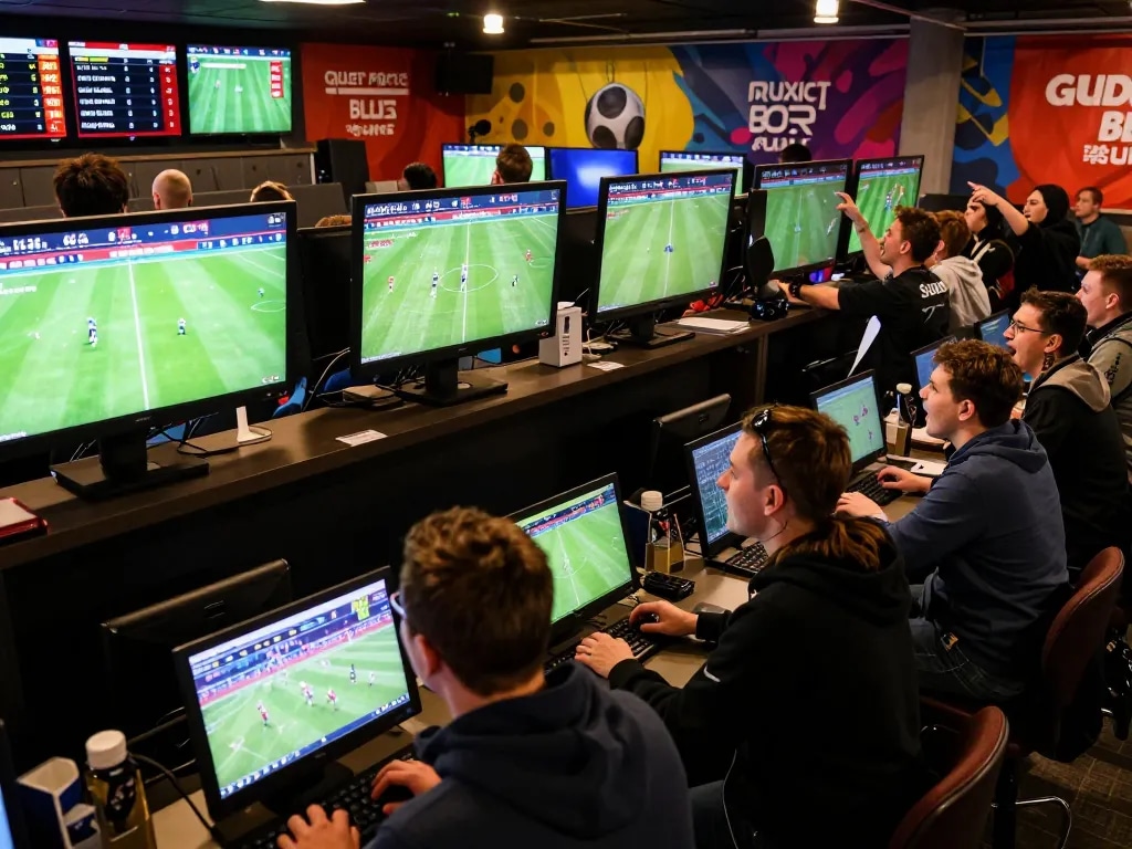 KÈO TRỰC TUYẾN betters joyfully engaging in sports betting, surrounded by dynamic match displays and betting slips.