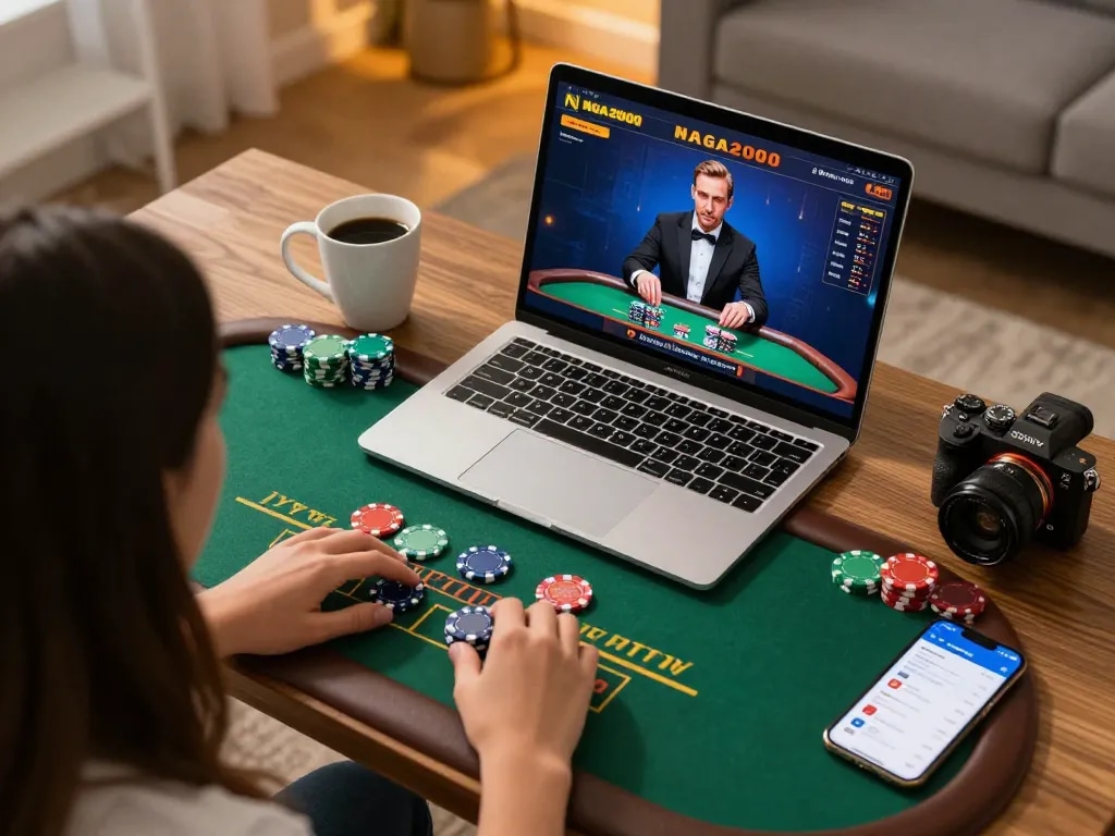 NAGA2000 player focused on live dealer game, showcasing a strategic home gambling setup