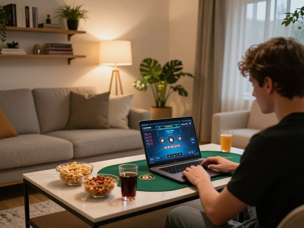 Permainan poker online Tempo 123 dengan pemain fokus yang menikmati makanan ringan dan minuman di suasana yang nyaman