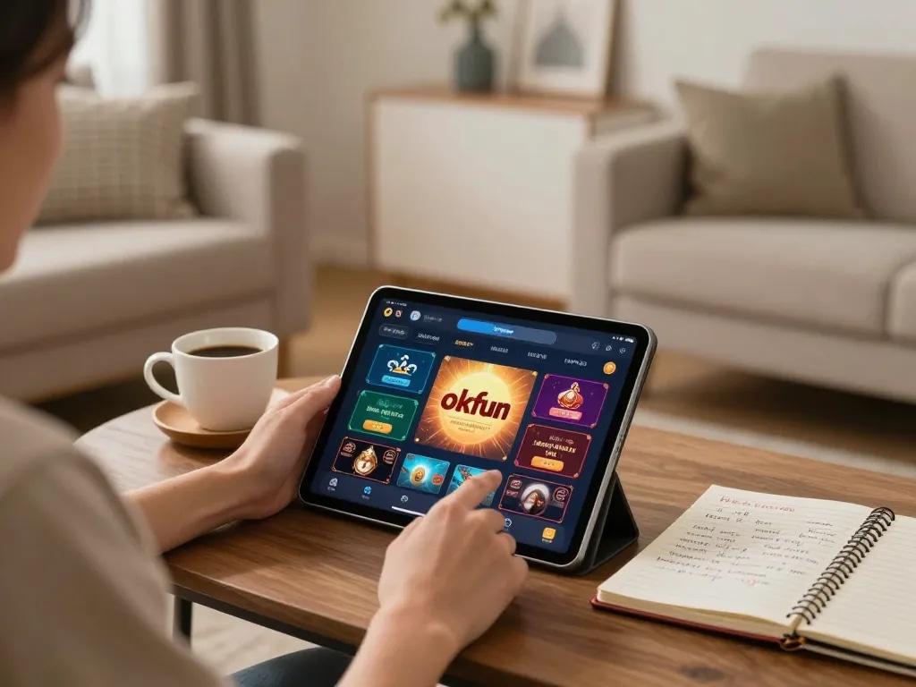 Player enjoying online gaming on okfun tablet in a cozy living room setting