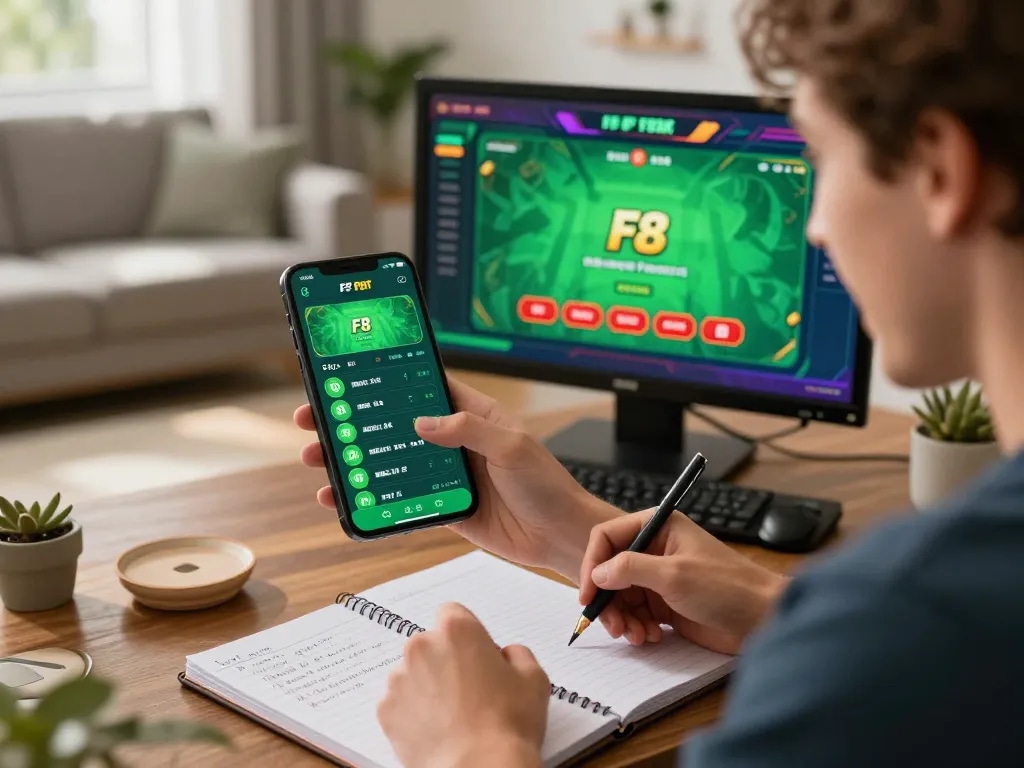 Player enjoying an F8 bet mobile app experience with strategic notes in a cozy home