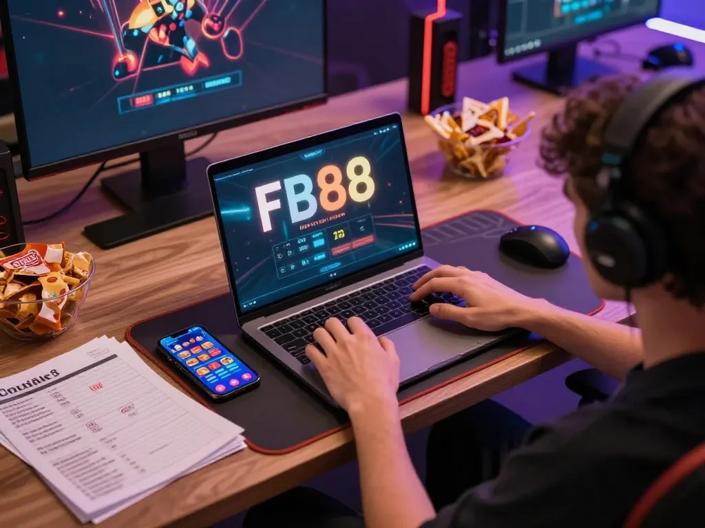 Player enjoying FB88 online gaming session at home with laptop and smartphone.
