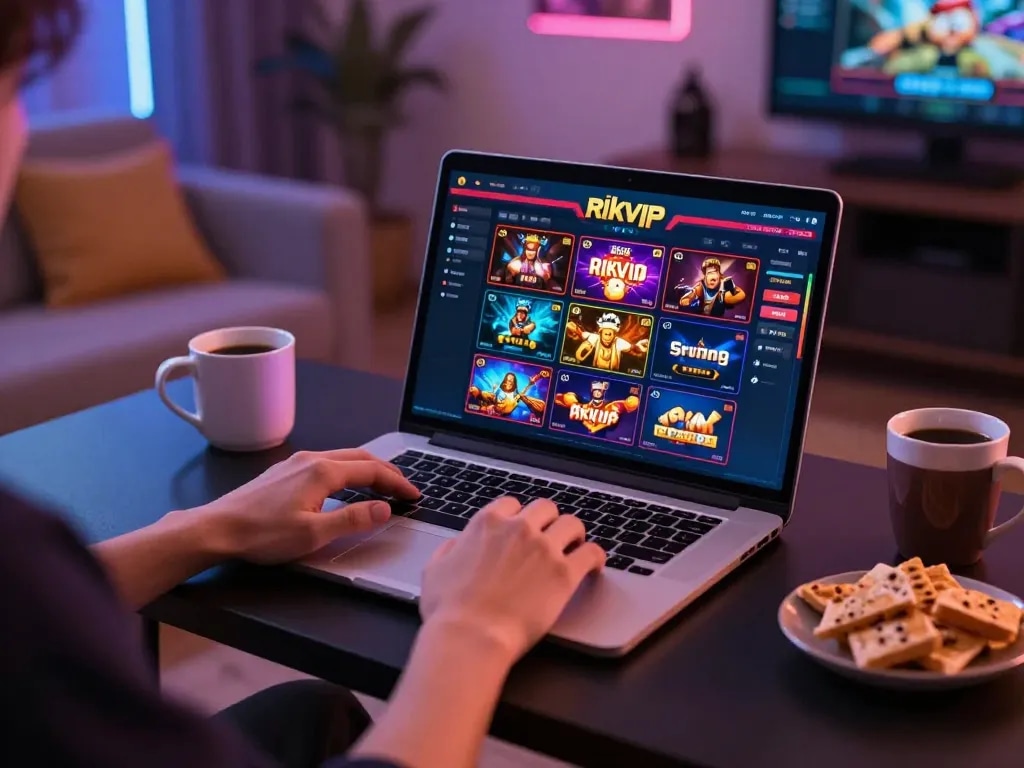 Player engaging with rikvip online casino platform from a cozy home setup, showcasing the gaming interface.