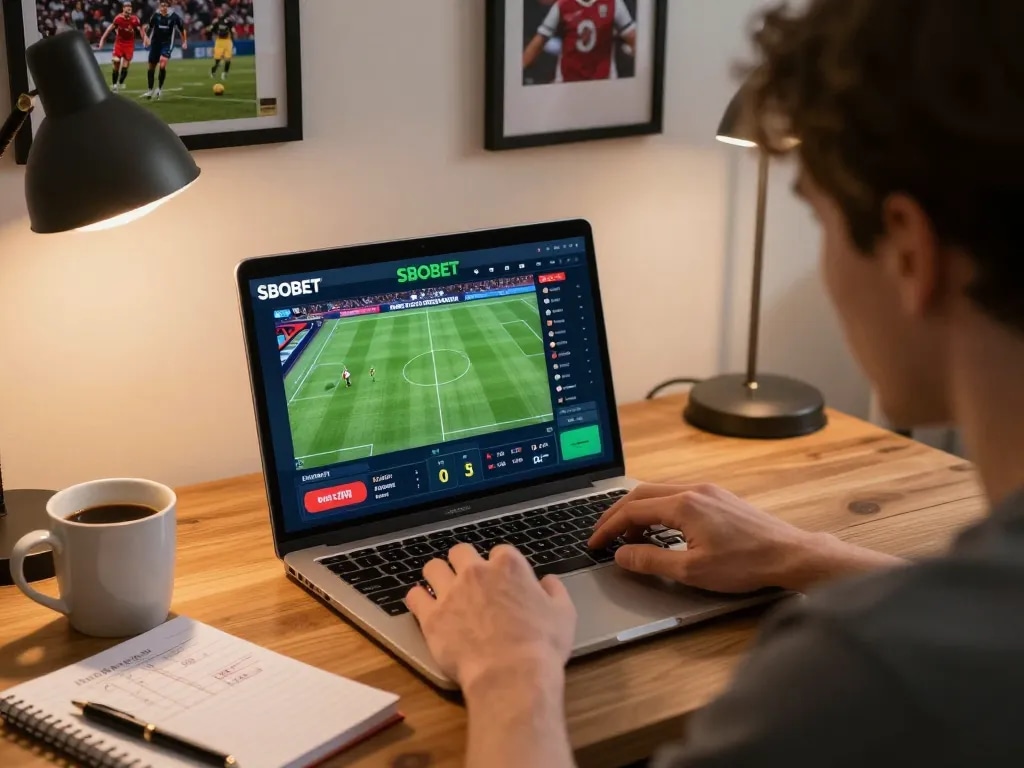 SBOBET user engaged in live betting via laptop, showcasing a strategic gaming atmosphere at home.