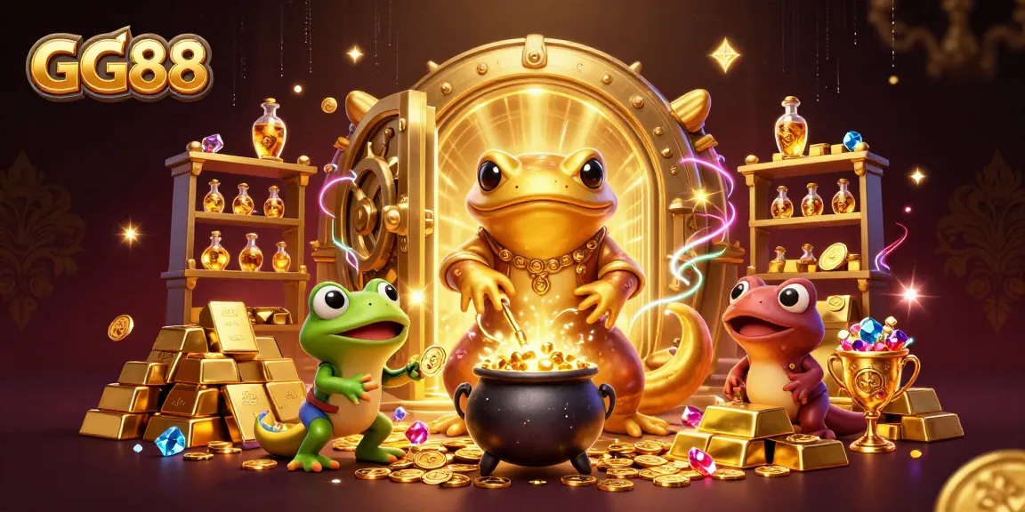GG88 transforms base metals into gold in a vibrant casino-themed 3D illustration packed with treasures.