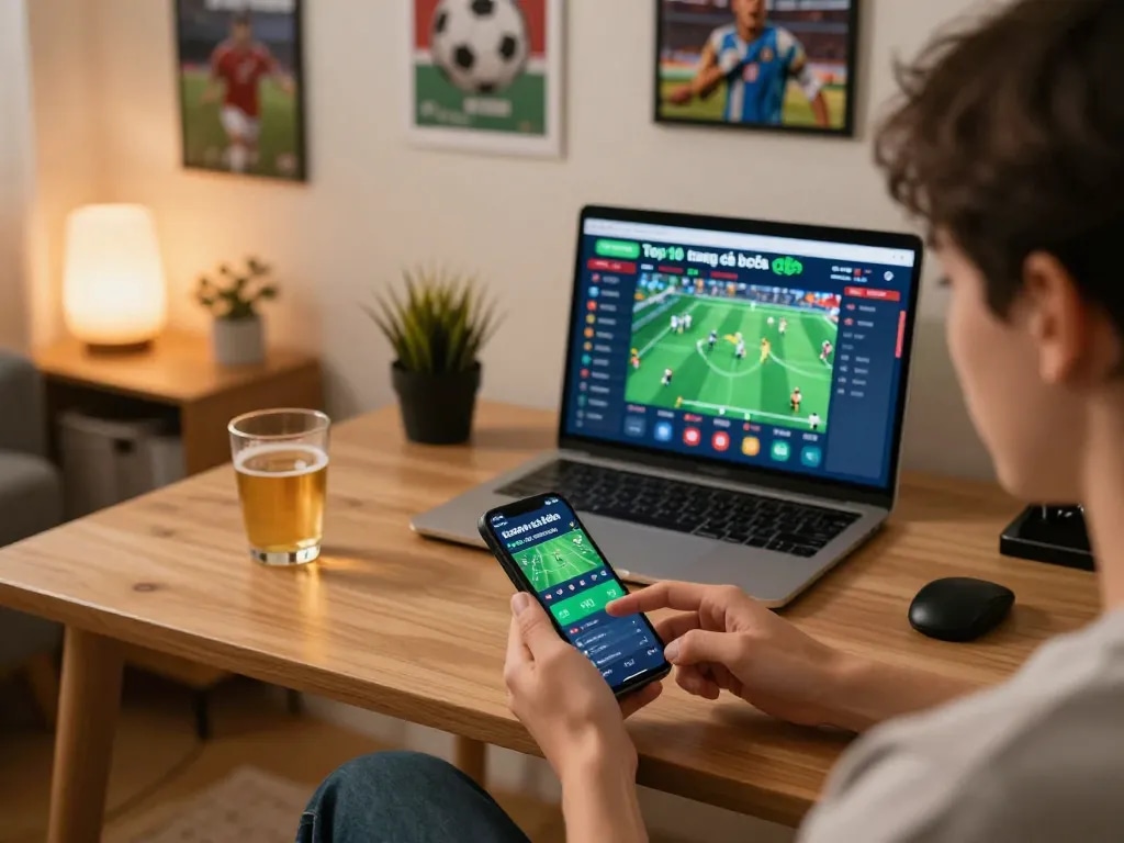 A person exploring top 10 trang cá cược bóng đá sports betting on a smartphone in a cozy home setting.