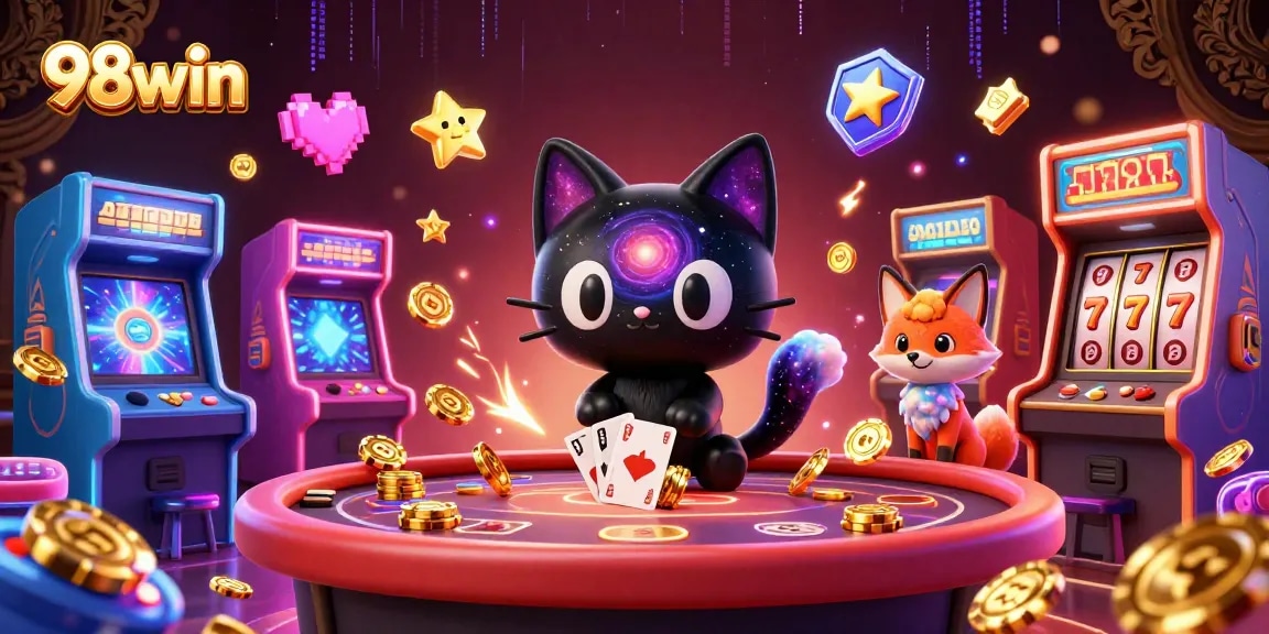 Ignite your gaming with 98win's dynamic casino adventure, featuring a black hole cat and cosmic fox.