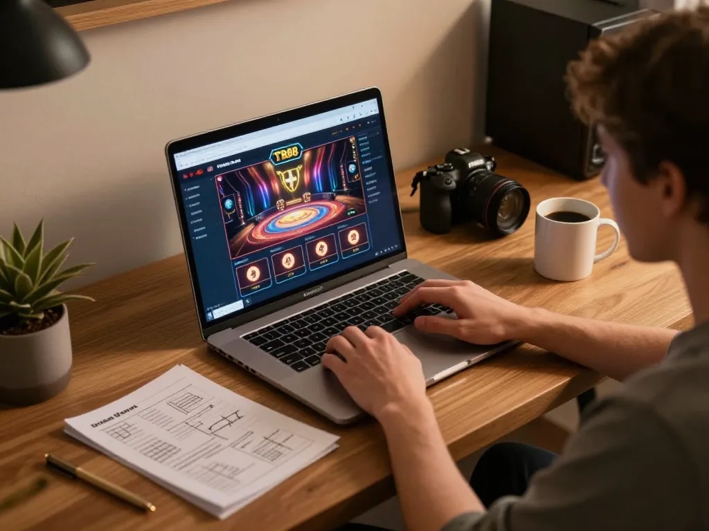 Engaging in strategic online gaming with TR88 interface displayed on laptop screen.