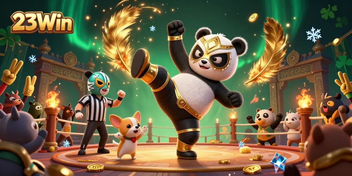 Join the excitement at 23Win as the panda wrestler unleashes a flying kick amidst a vibrant casino scene!
