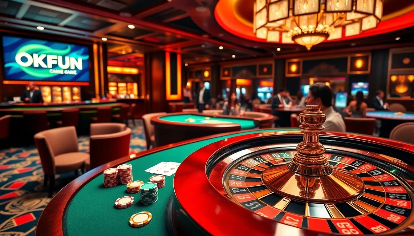 Engage in thrilling casino action at OKFUN with a vibrant poker table and roulette wheel.
