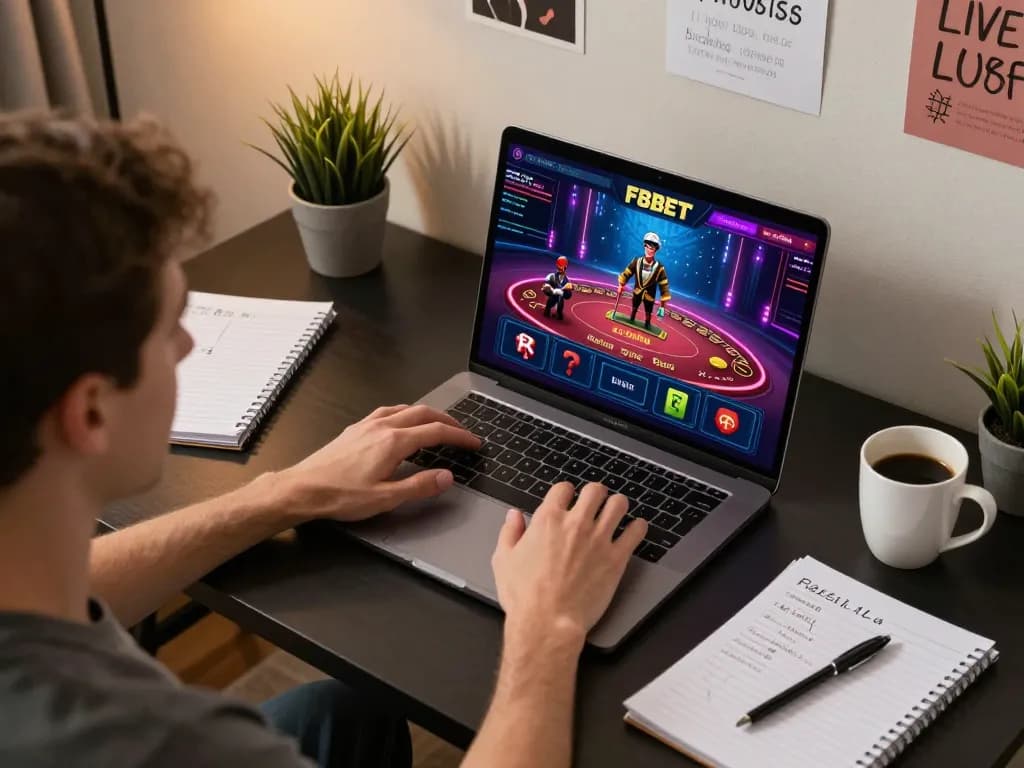 F8BET player strategizing during an online casino session at home, showcasing laptop gameplay
