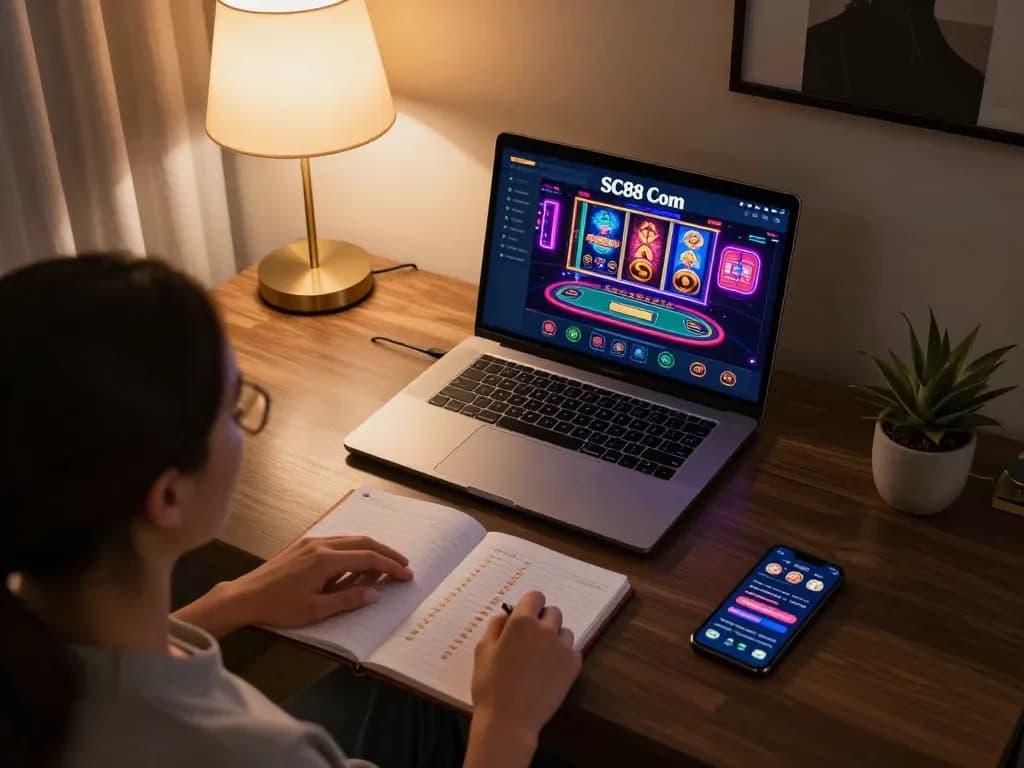 Engaging gameplay on SC88 Com showing colorful slot machines and betting options while relaxing at home.