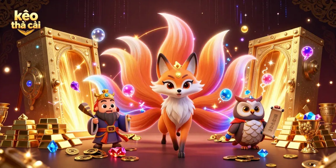 Experience the excitement of kèo nhà cái with a vibrant 3D illustration featuring a mystical fox and owl amidst treasures.