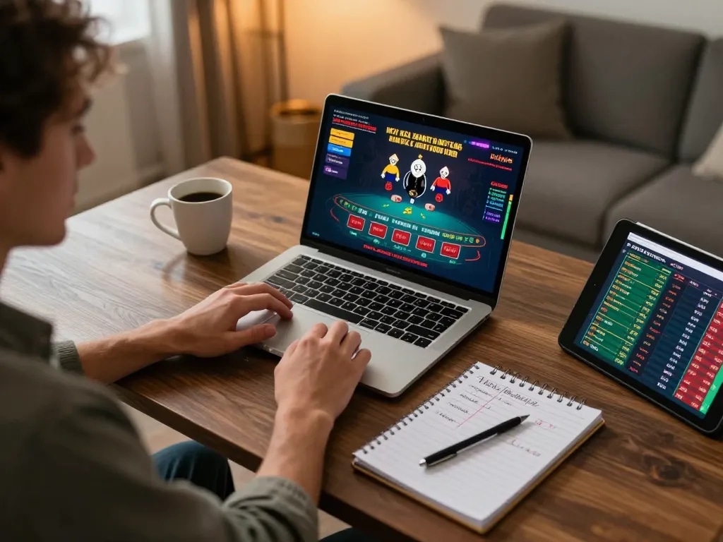Engaging player at home with laptop displaying casino gaming while exploring ทางเข้า m104 for better odds.