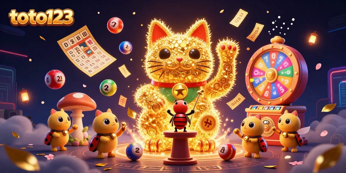 Toto123 showcases a magical scene with golden fireflies, a lucky cat, and lottery symbols for exciting wins.