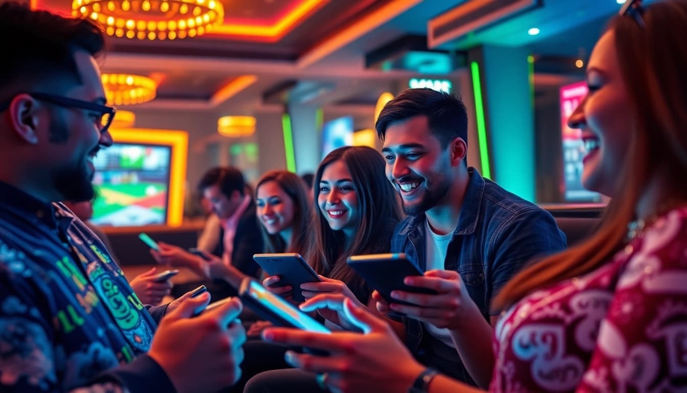 Engaged players joyfully exploring gaming options at ww88.de.com in a vibrant, inviting setting.