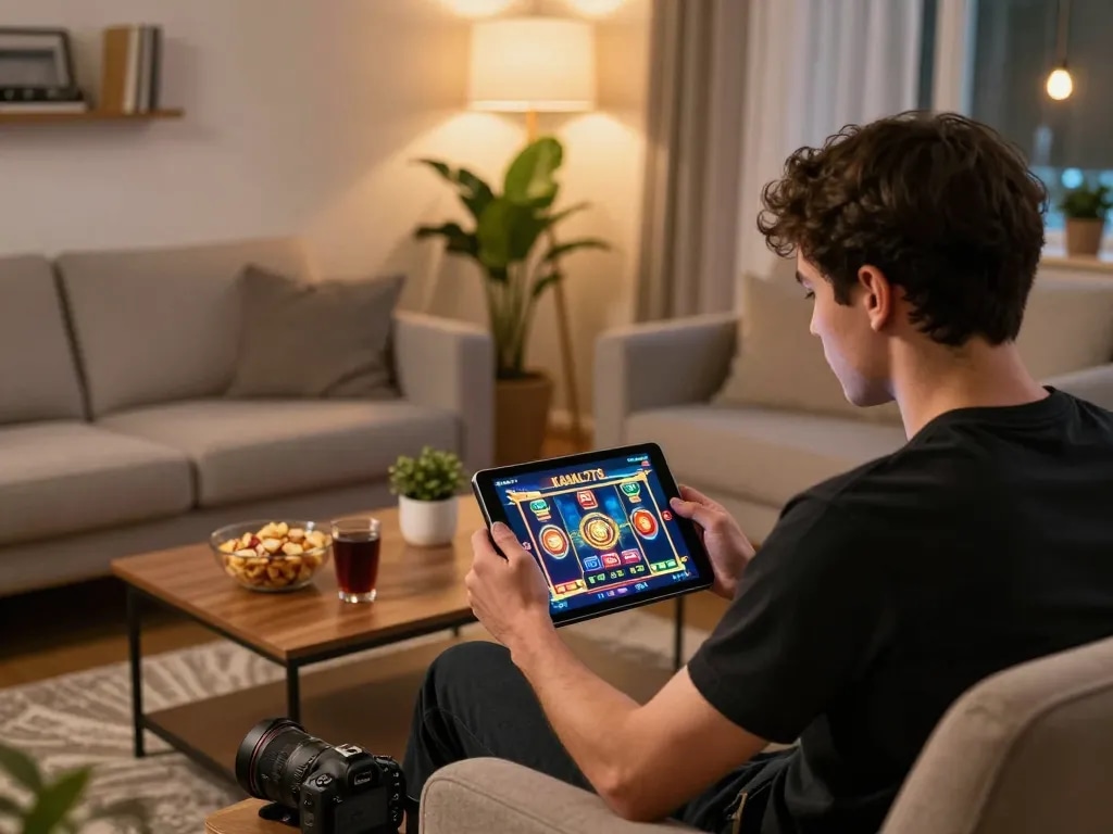 KADAL778 player enjoying a thrilling online slots game in a cozy home setup.