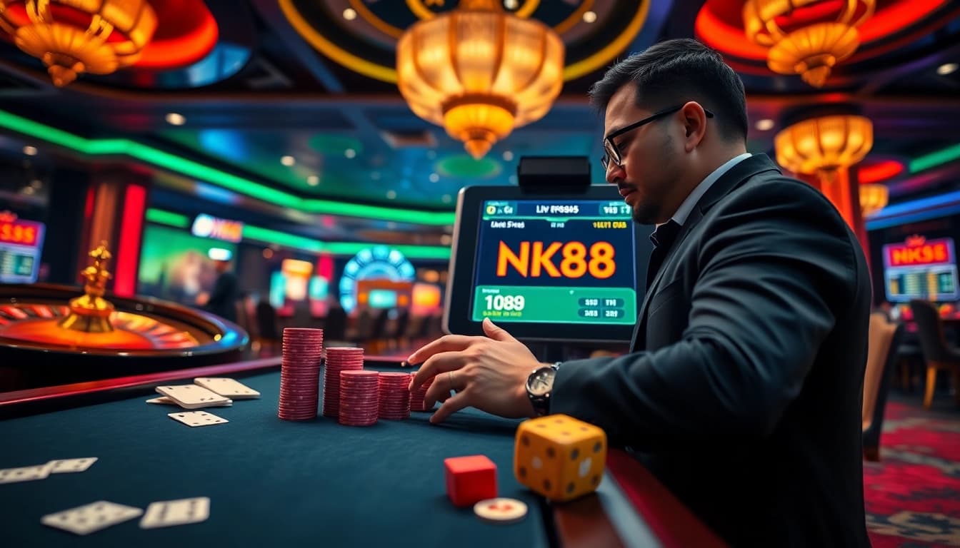 Professional gambler confidently placing an NK88 bet on a high-tech casino betting terminal with poker chips and roulette in a vibrant casino setting
