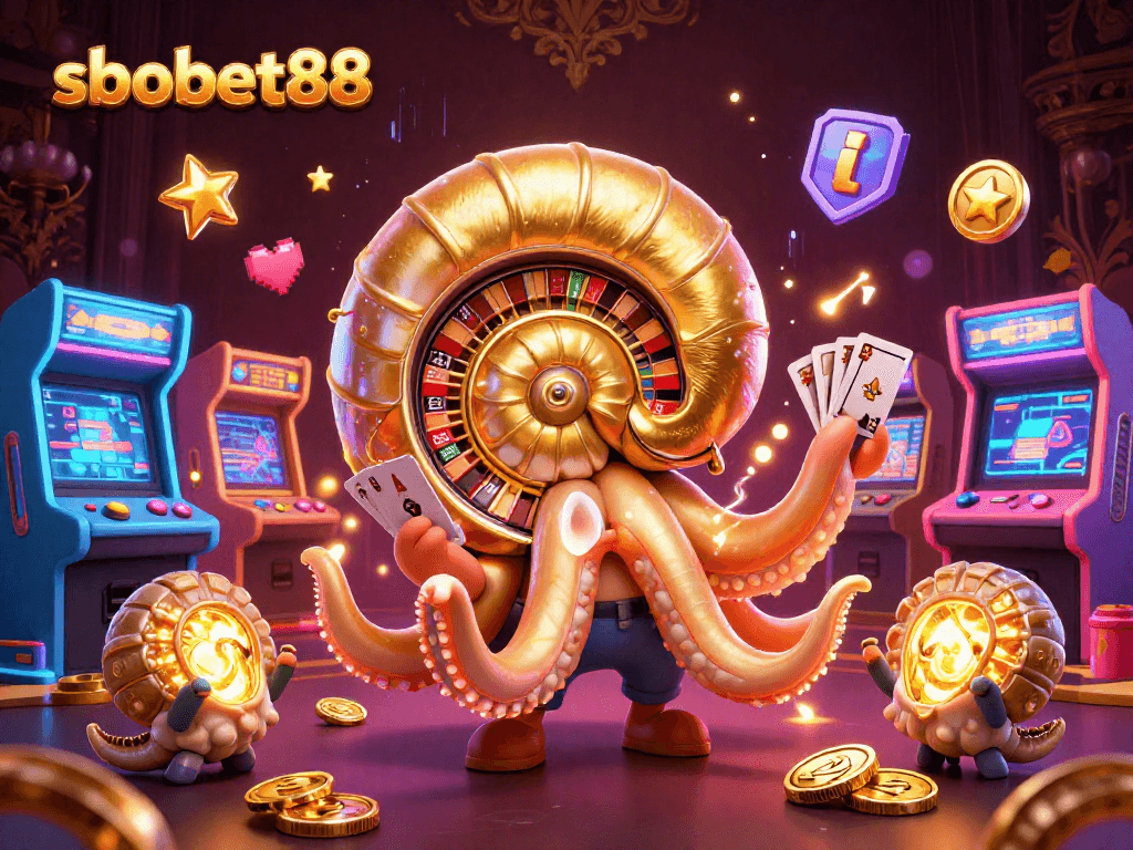 SBOBET88 represents a thrilling gaming adventure with a nautilus roulette wheel and vibrant arcade elements.