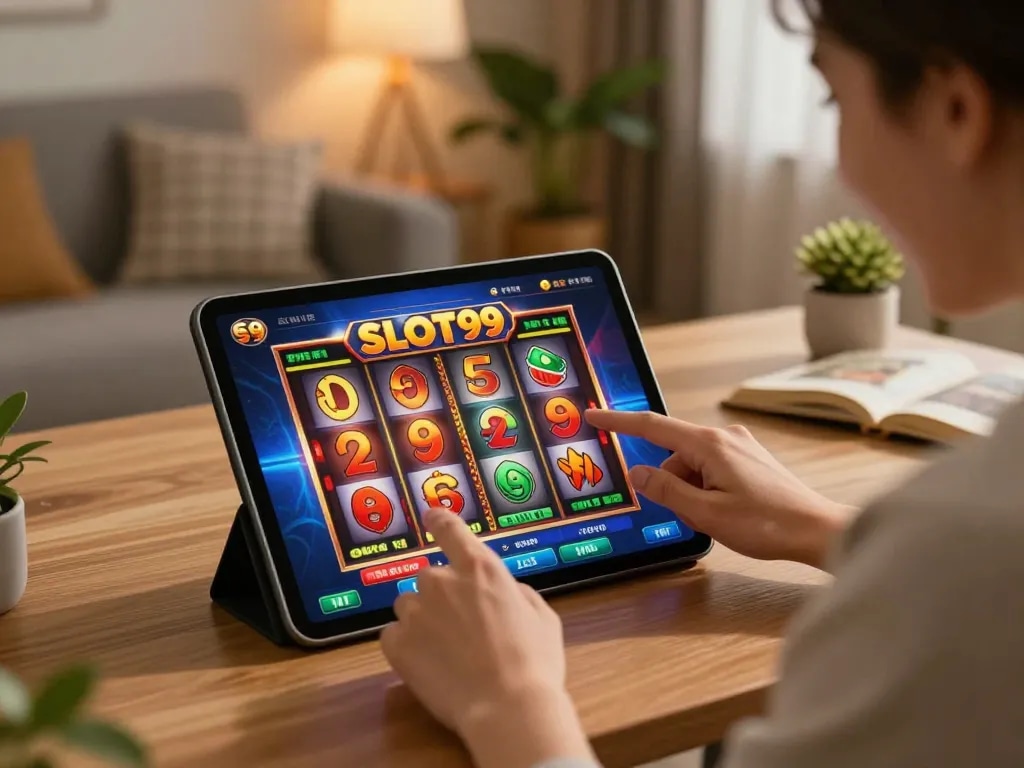 SLOT99 player enjoying a vibrant online slot game on a tablet in a cozy home setting.