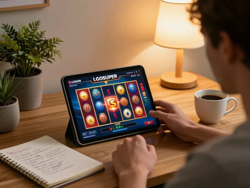Player enjoying LGOSUPER slots on tablet at home, combining relaxation with strategic gaming.