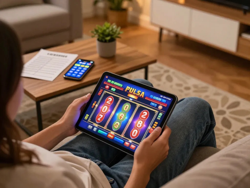 Berinteraksi dalam permainan slot pulsa di tablet di rumah, menampilkan gulungan digital yang cerah