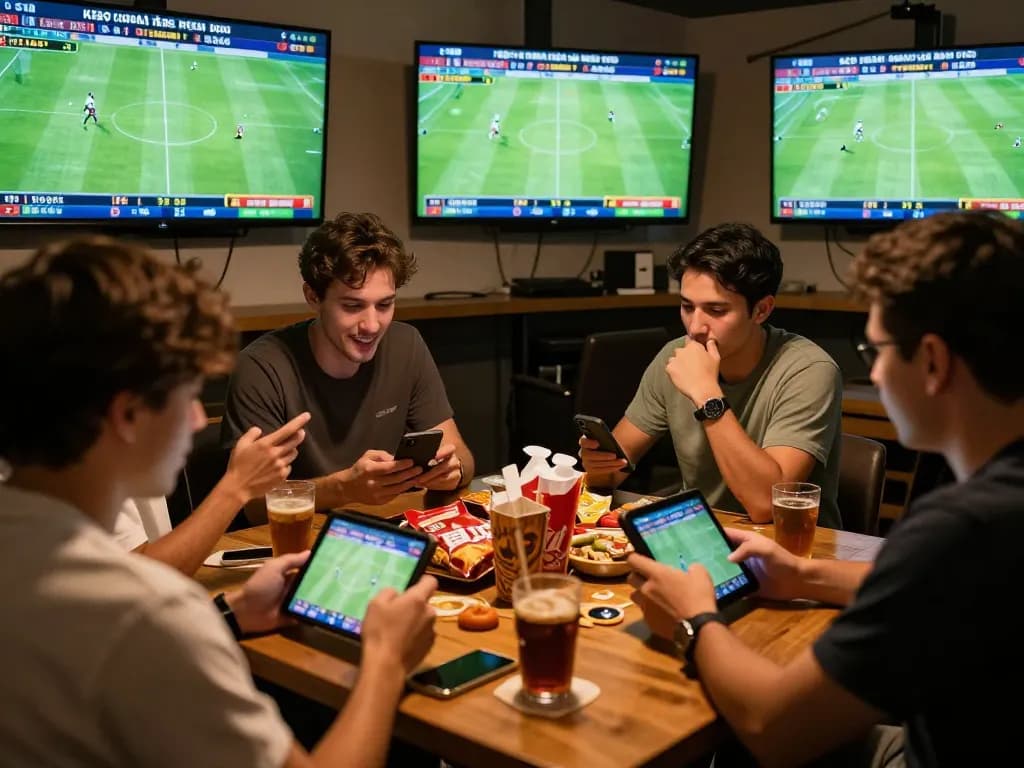 Excited bettors engaging in sports betting, reviewing kèo nhà cái odds on their devices while enjoying a friendly atmosphere.