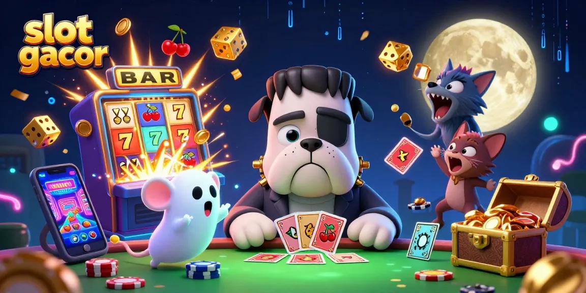 Experience thrilling slot gacor action with a cartoon monster dealing cards in a lively casino scene.