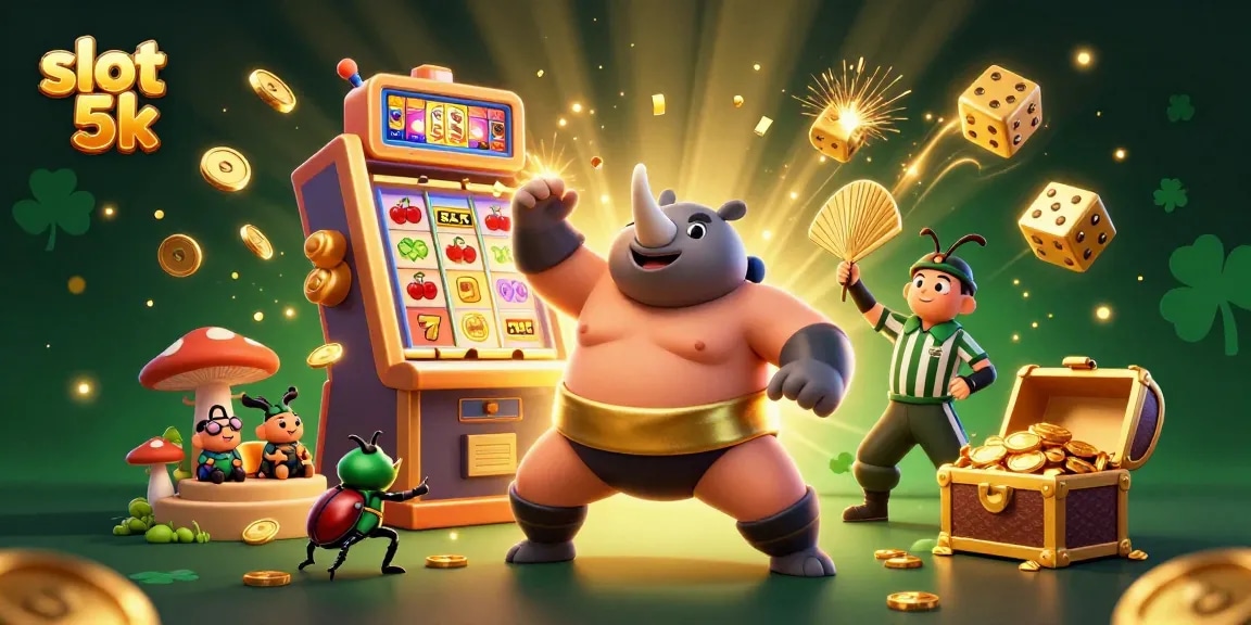 Experience the thrill of slot 5k gaming with a dynamic scene featuring a sumo champion beetle and vibrant casino elements.
