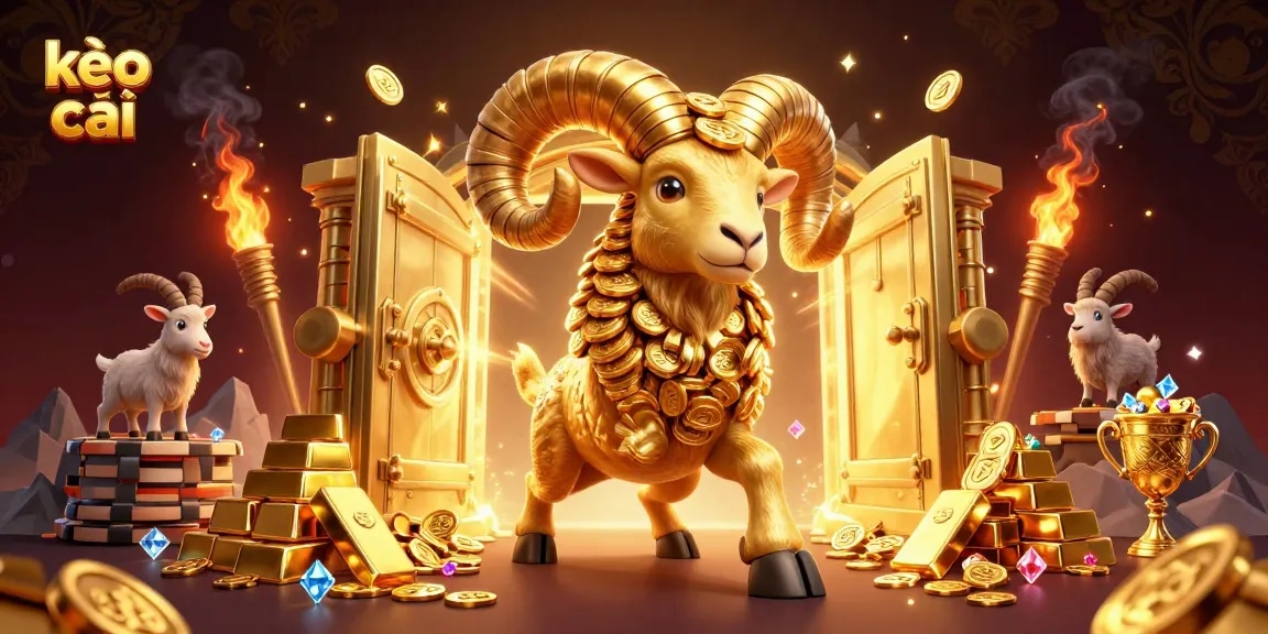 Dynamic scene depicting kèo nhà cái elements with a golden ram charging through treasure and casino vibes.