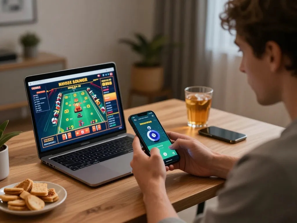 Mega888 scanner app displayed on a smartphone during an online gaming session in a cozy home atmosphere