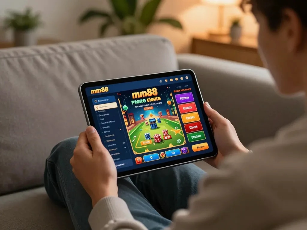 Engaging player exploring the mm88 link casino interface on a tablet, showcasing interactive gaming strategy.