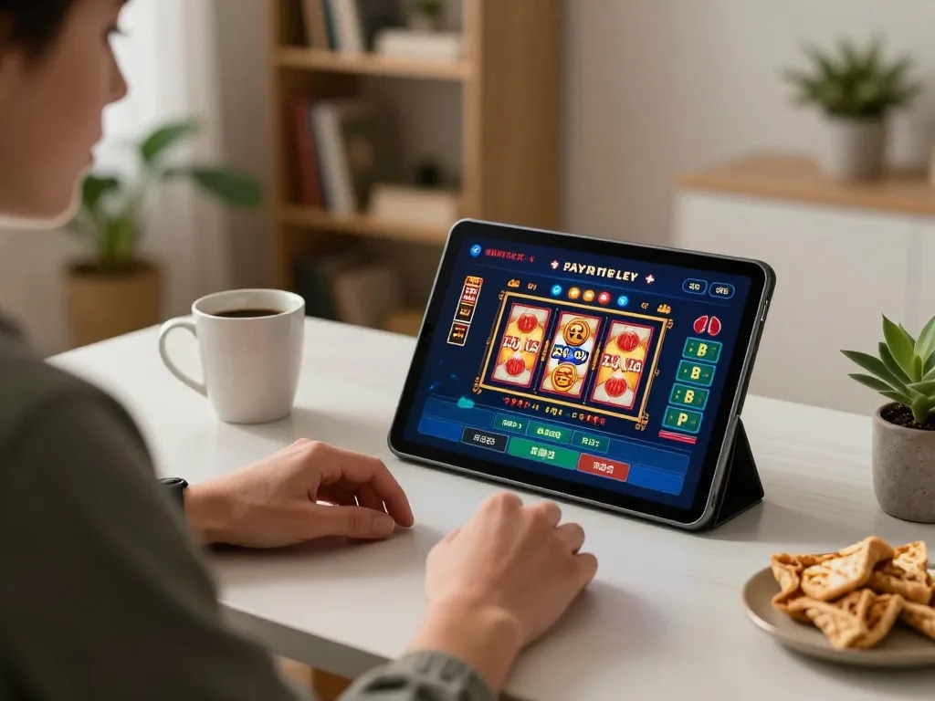 Engaging in strategic gameplay on IDNSCORE RESMI using a tablet in a cozy home setting.