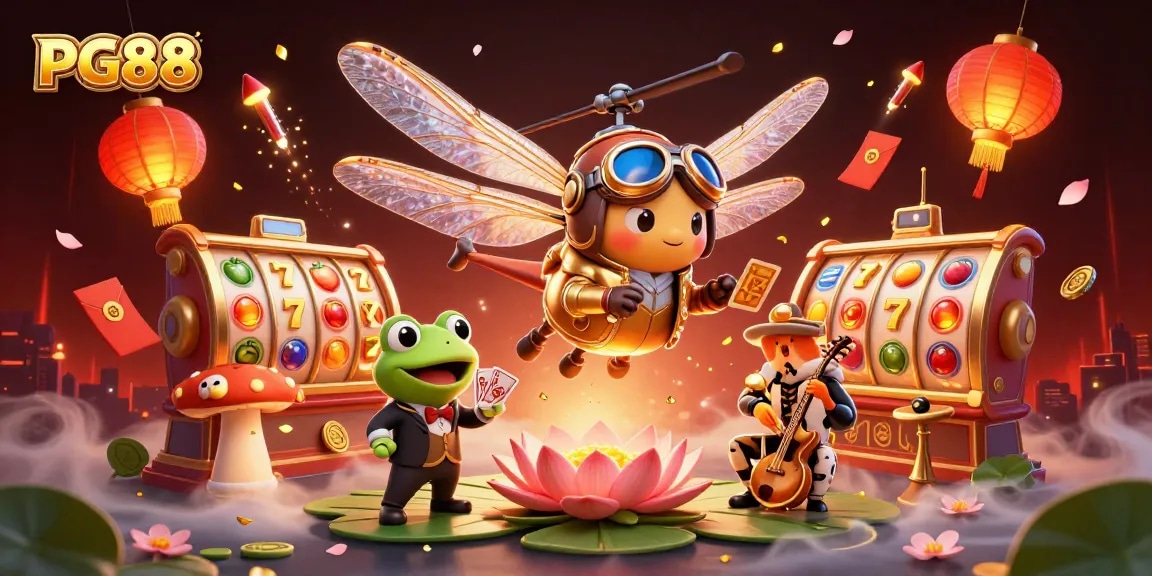 Engage in thrilling gameplay at PG88 with vibrant slot reels, a frog croupier, and jazzy musicians.