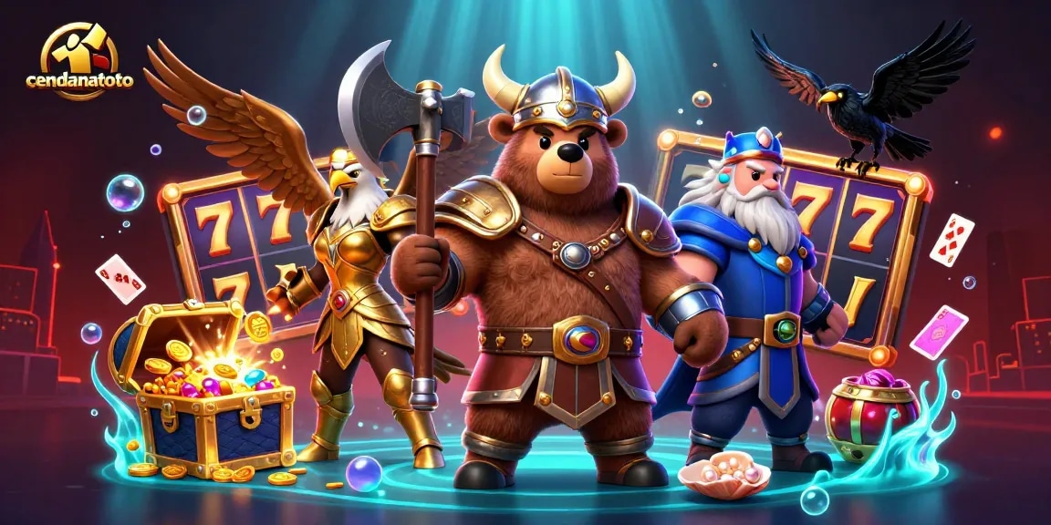 Cendanatoto engaging players with a dynamic casino scene featuring slot reels, a Viking bear, and a Valkyrie eagle.