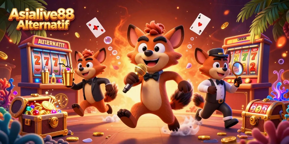 Engage with Asialive88 Alternatif in a vibrant 3D illustration of a comedy casino scene filled with exciting gaming elements.