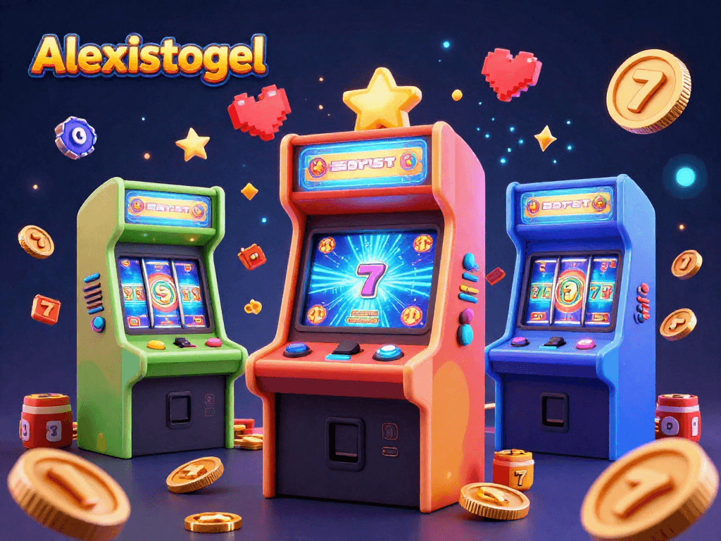 Alexistogel menyajikan suasana kasino slot penuh warna dengan mesin permainan 3D dan simbol jackpot.