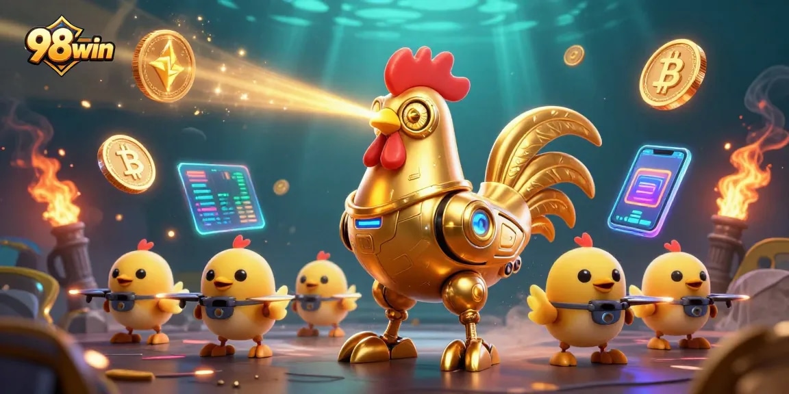 Win big at 98win, featuring a futuristic rooster robot, cryptocurrencies, and vibrant casino elements.