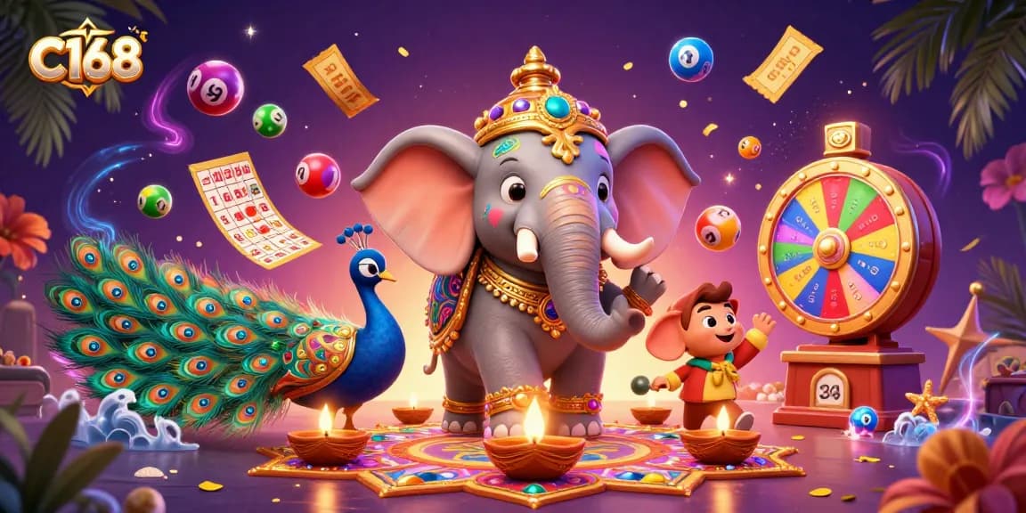 C168 brings excitement to life with vibrant lottery elements and 3D characters in this engaging illustration.