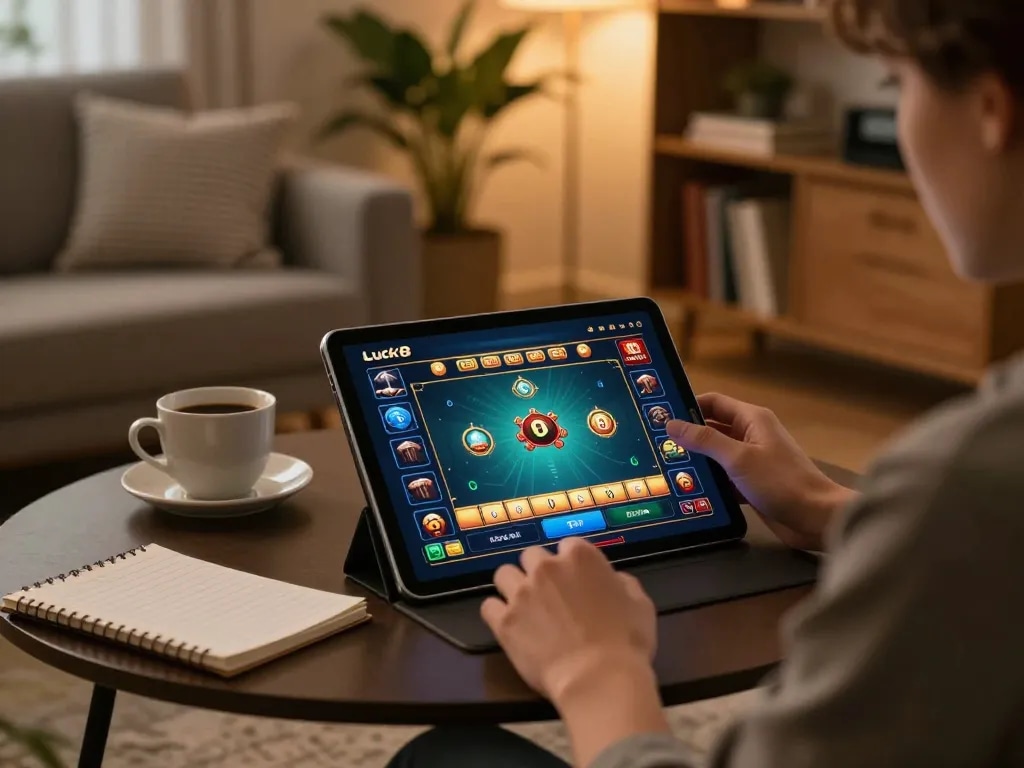 Engaging in Luck8 games while seated comfortably in a modern home setting.