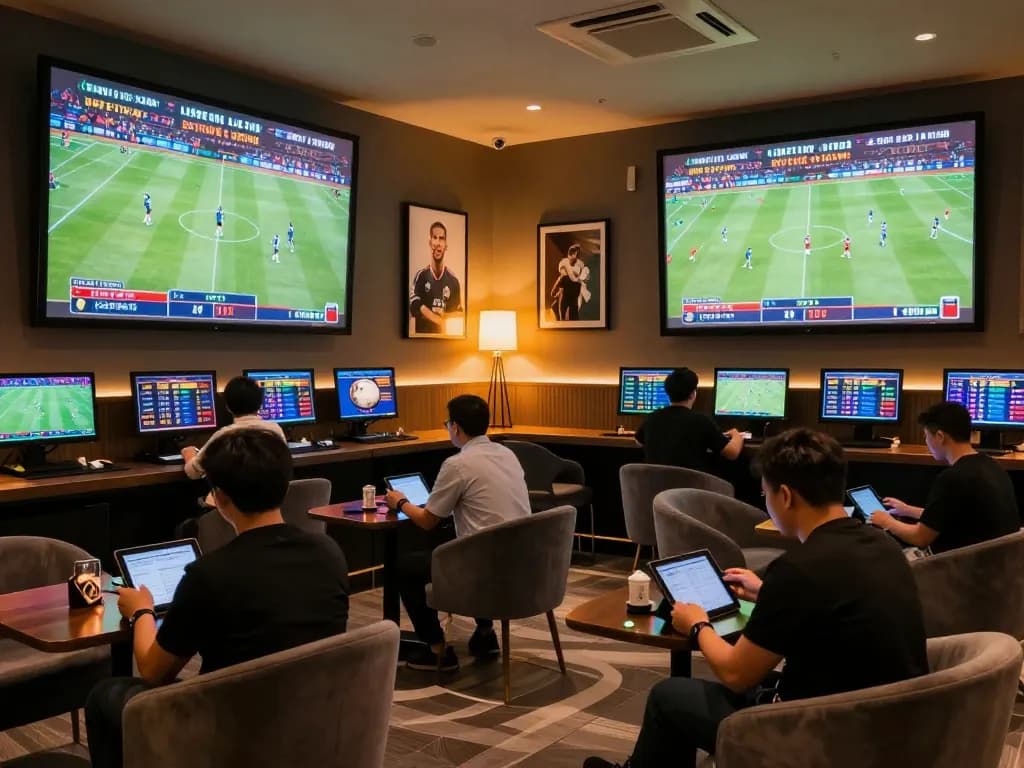 Engaged bettors analyzing tỷ lệ kèo trực tuyến in a modern sports betting lounge
