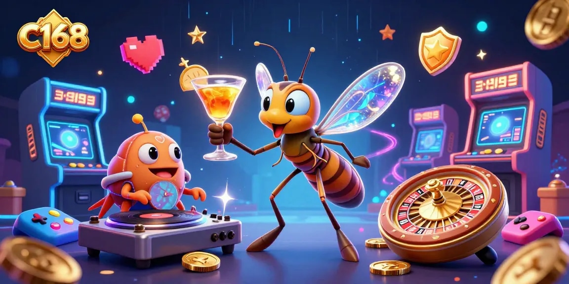 C168 players enjoy vibrant casino gaming with dynamic characters and glowing arcade elements.