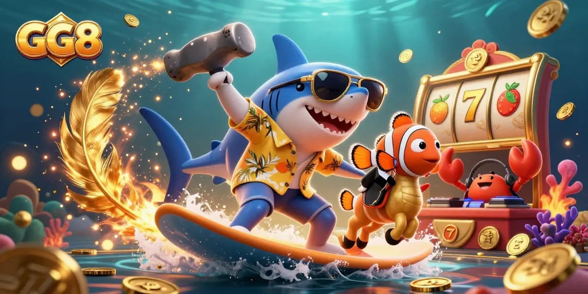 Experience the excitement of GG8 with a vibrant 3D underwater casino scene featuring action-packed gaming elements.