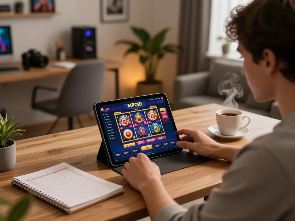 Player engaging with MPOID casino on tablet in stylish home gaming setup, showcasing strategic gameplay in a cozy environment