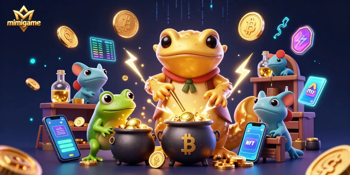 Experience the thrill with mimigame, a magical casino scene featuring gold transmutation and crypto elements.