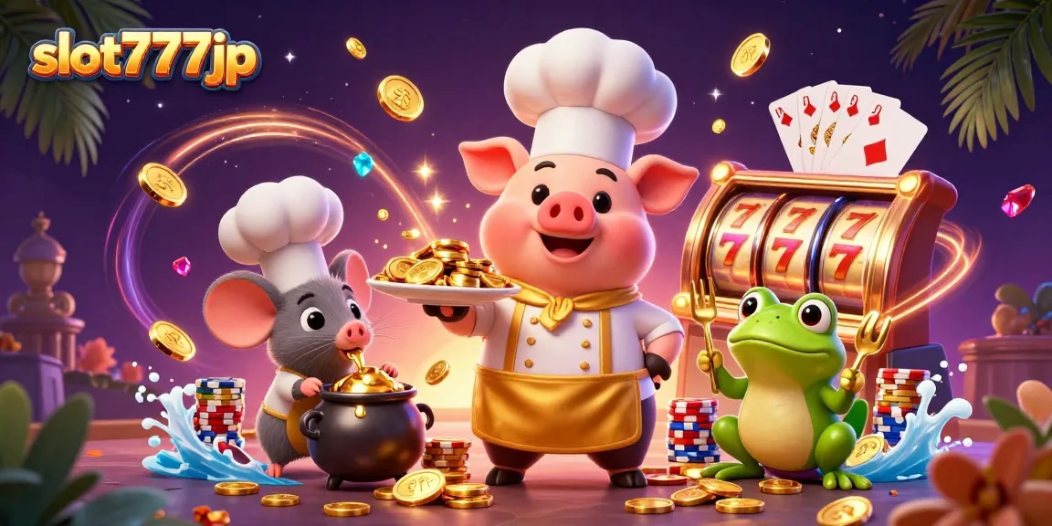 Win big with slot777jp in an exciting casino showdown featuring gold coins and vibrant characters.